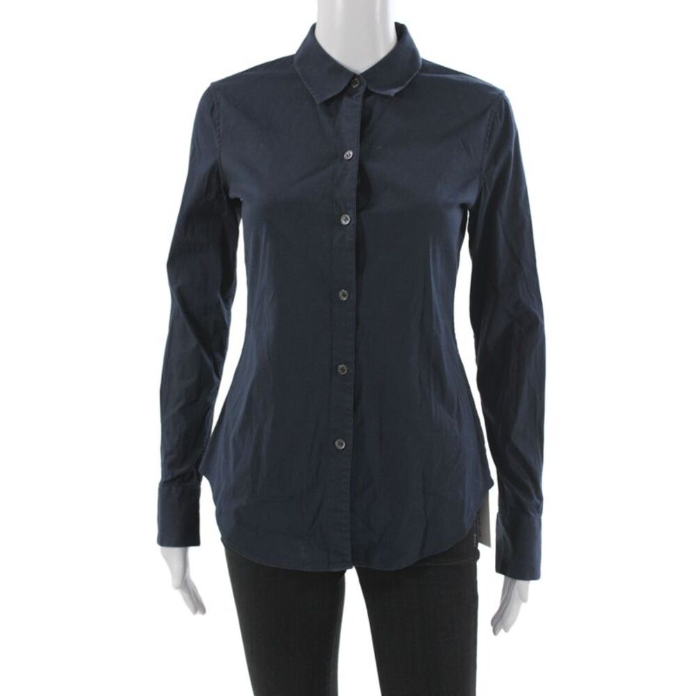 Theory Women Collared Blue Cotton Button-Up Long Sleeve Top Size S